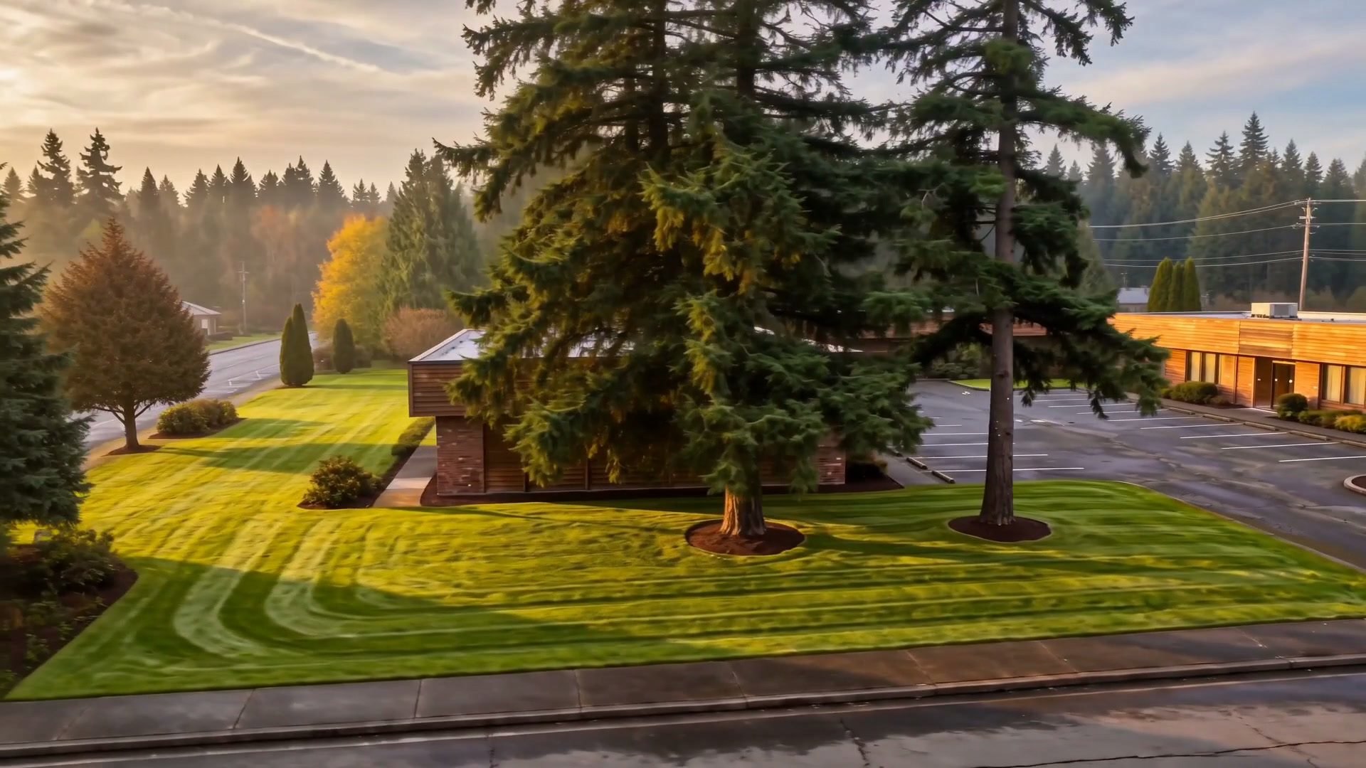 An immaculate commercial property with striped turf, mulched beds, and healthy sculpted trees, maintained by ManageMowed