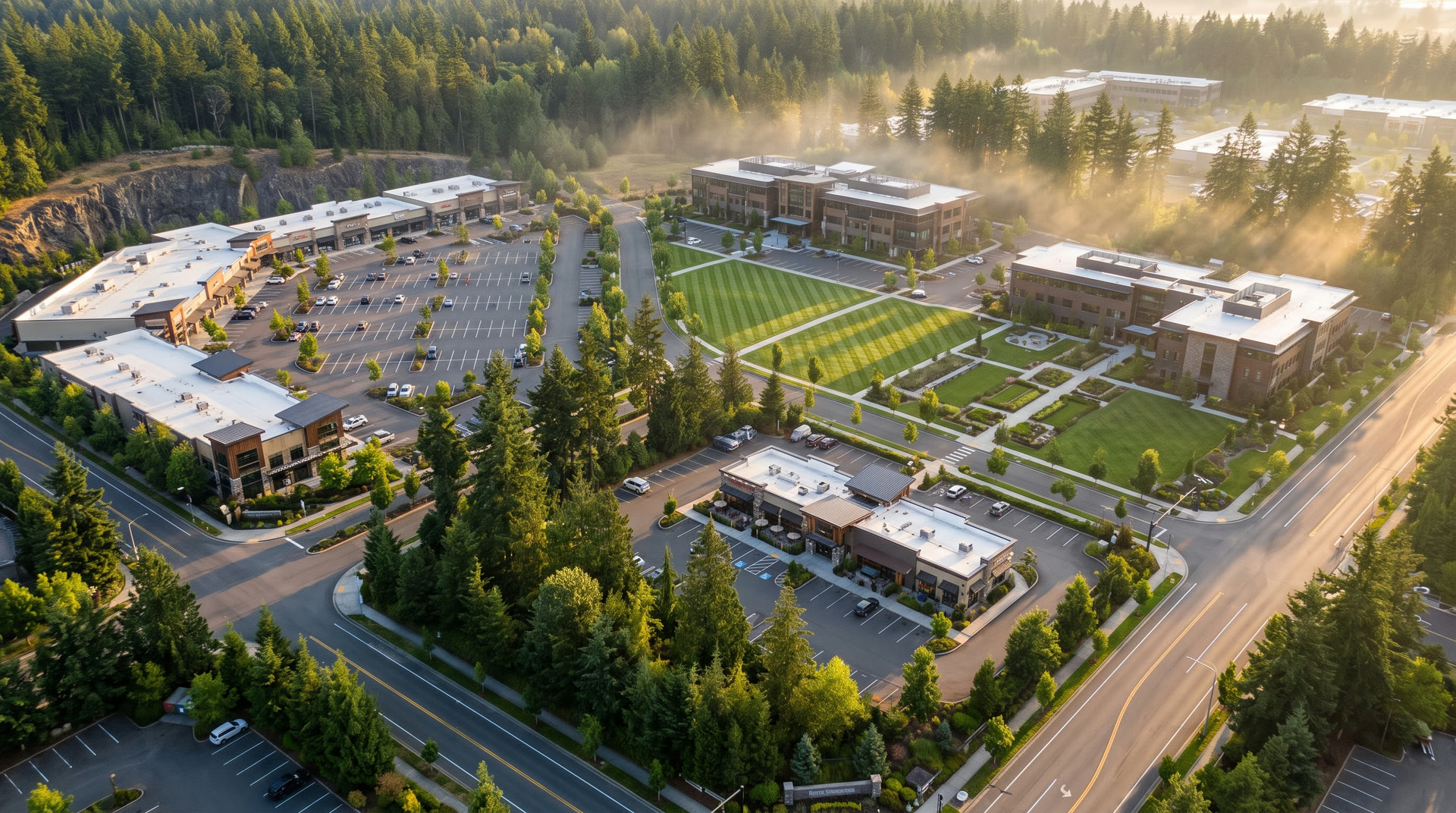 Landscaped commercial grounds around an office campus