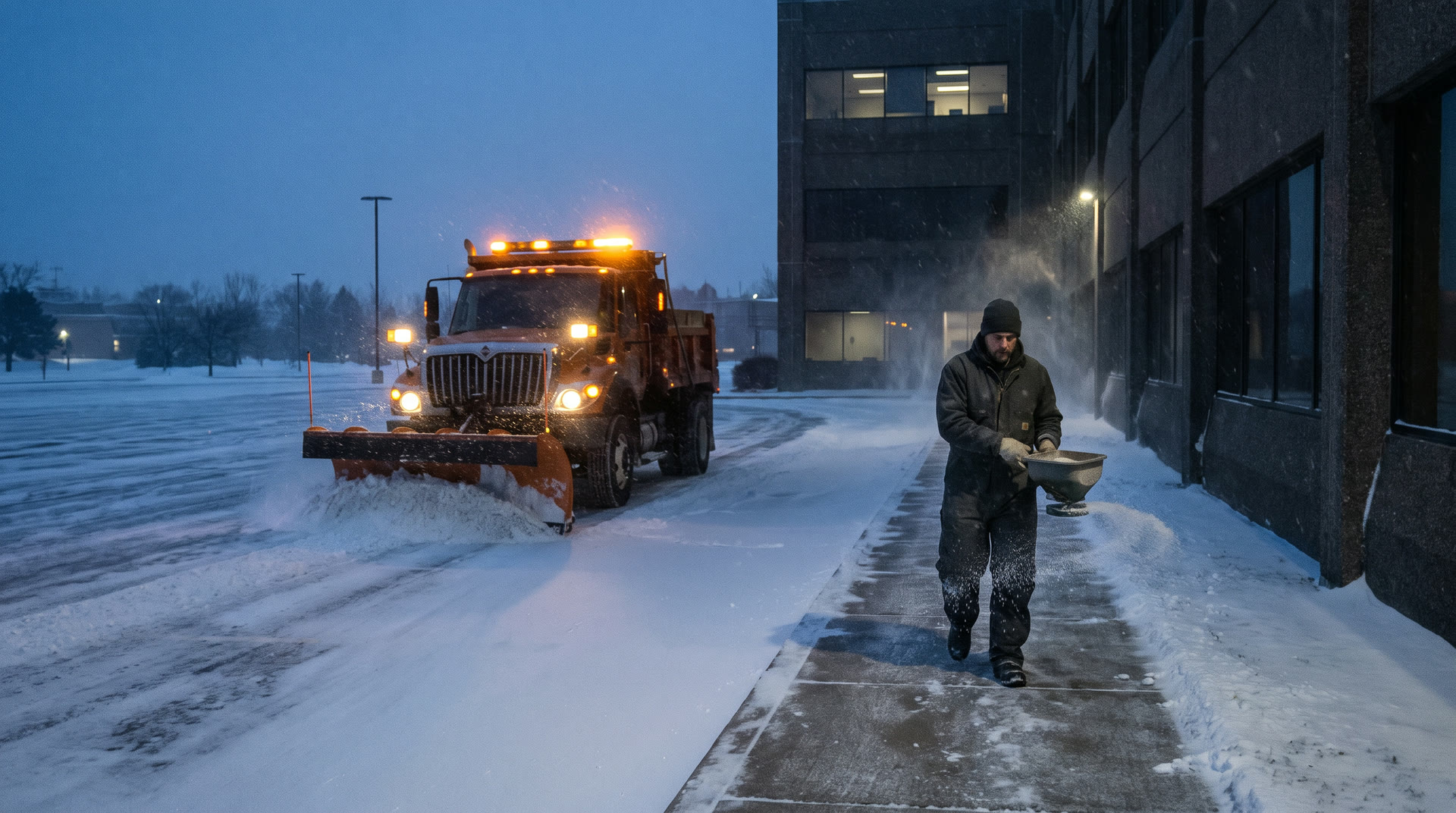 A plow clears a commercial parking lot before dawn